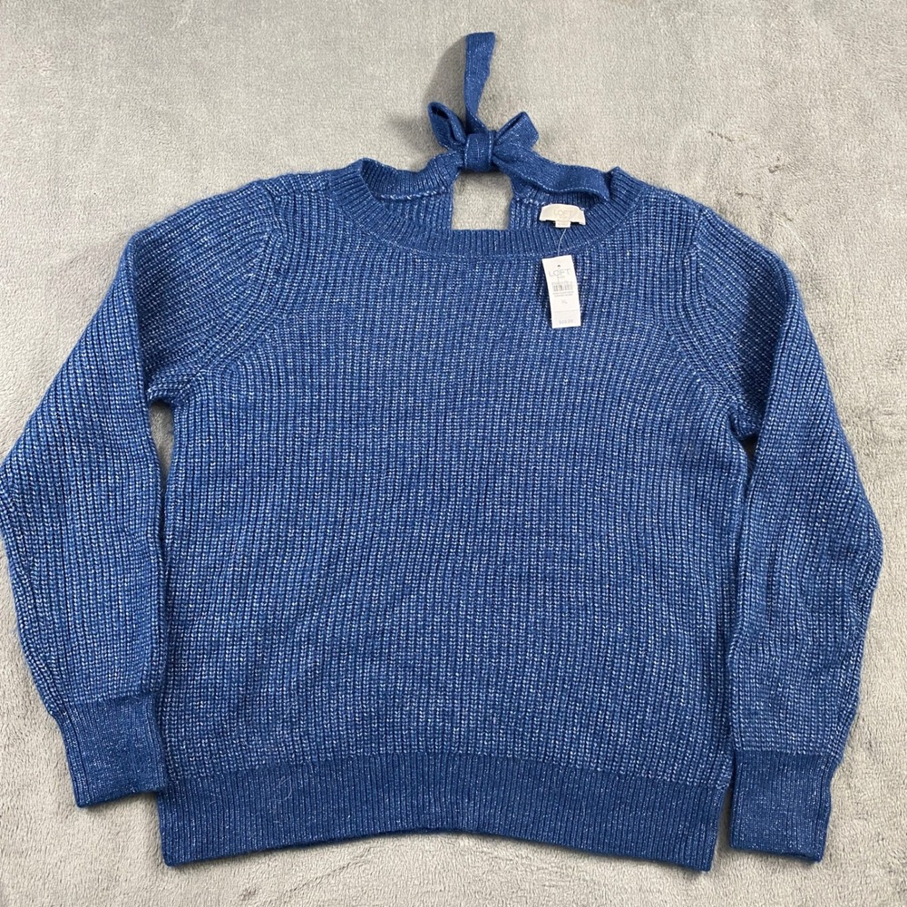 Loft Sweater Womens XL Blue Marl Shimmer Tie Back Long Sleeve Pullover Office